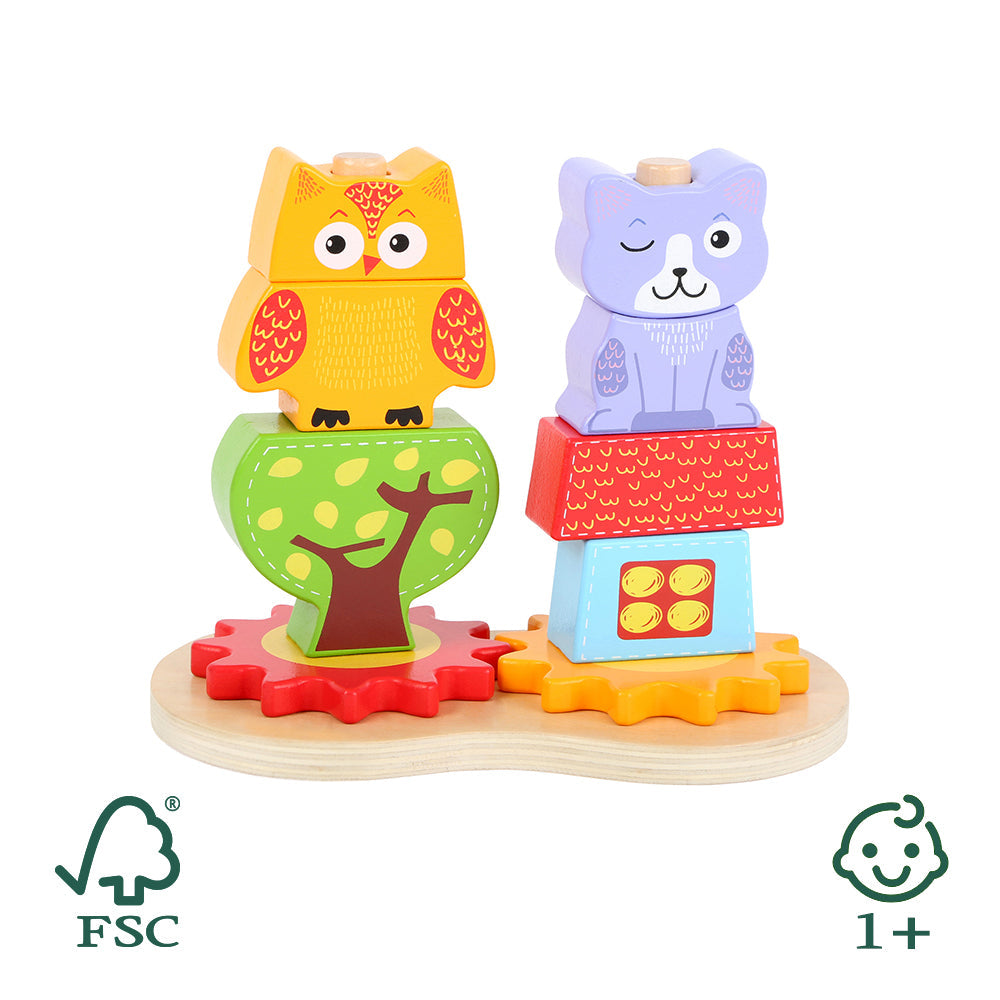 Steckspiel mit Katzen-, Eulen- und Zahnradmotiven